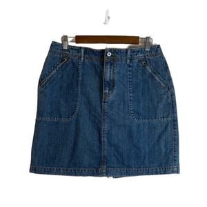 Eddie Bauer Sz 12 100% Cotton Denim Jean Skirt Blue Zippered Pockets Cargo Style